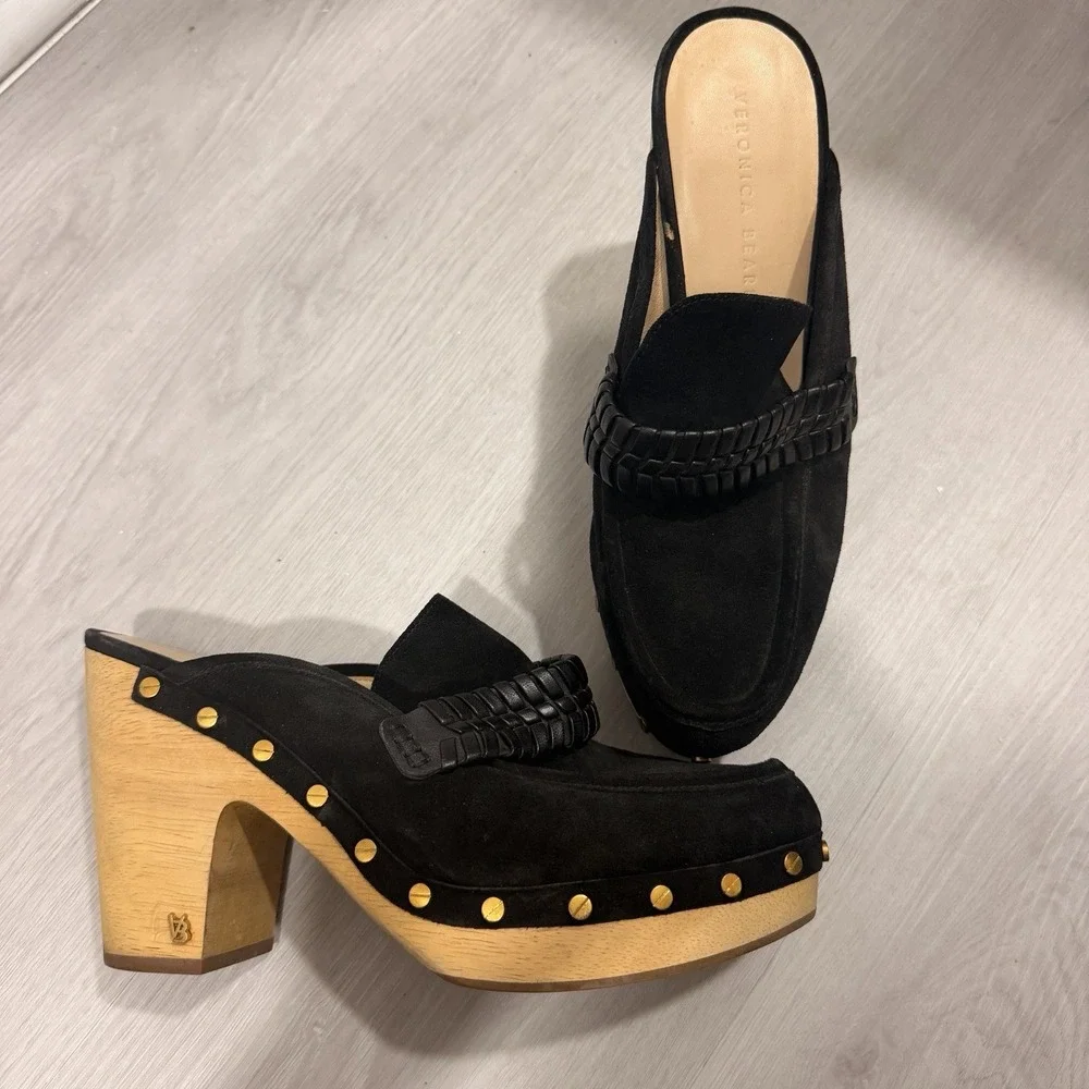 Veronica Beard Grita Clogs Women 10 Black Suede Studded Platform Heels